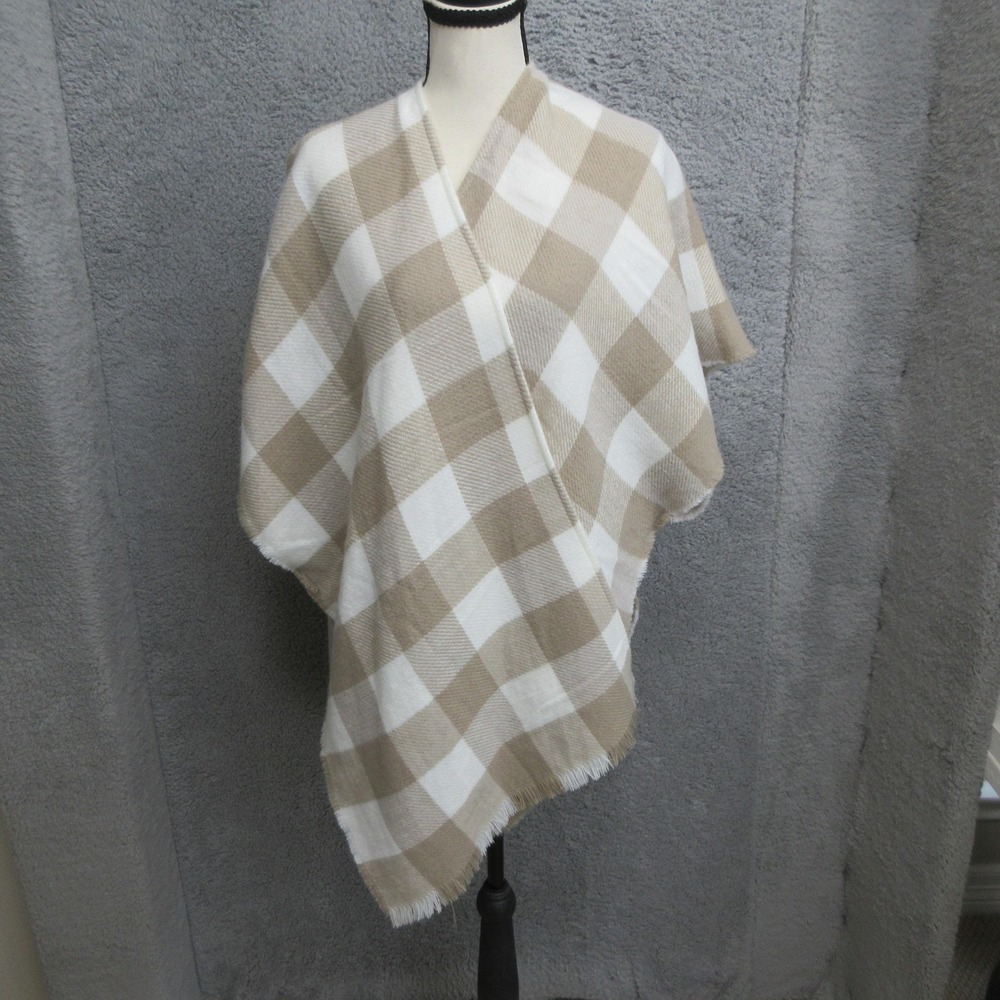LOFT Buffalo Plaid Ruana Wrap Poncho Women XS/S Beige White Fringe Cozycore Fall